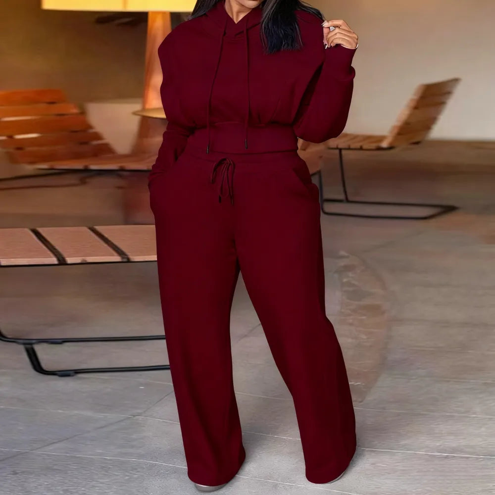 Hooded Long Sleeve Sweatshirt and Casual Wide Leg Sweatpants Set