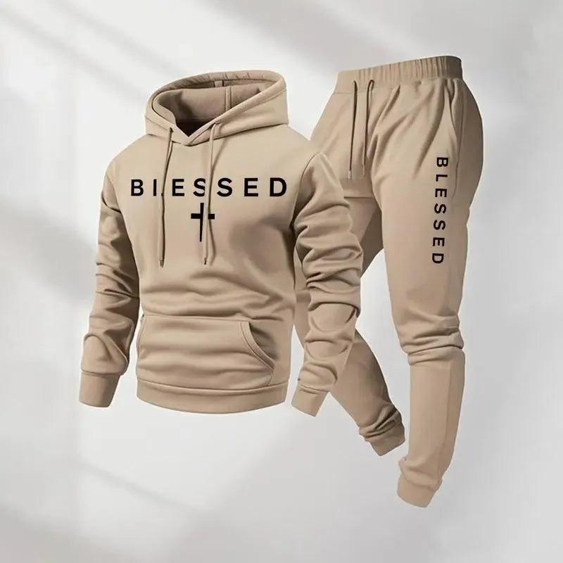 Blessed Cross Letter Print Hoodie & Drawstring Sweatpants Set