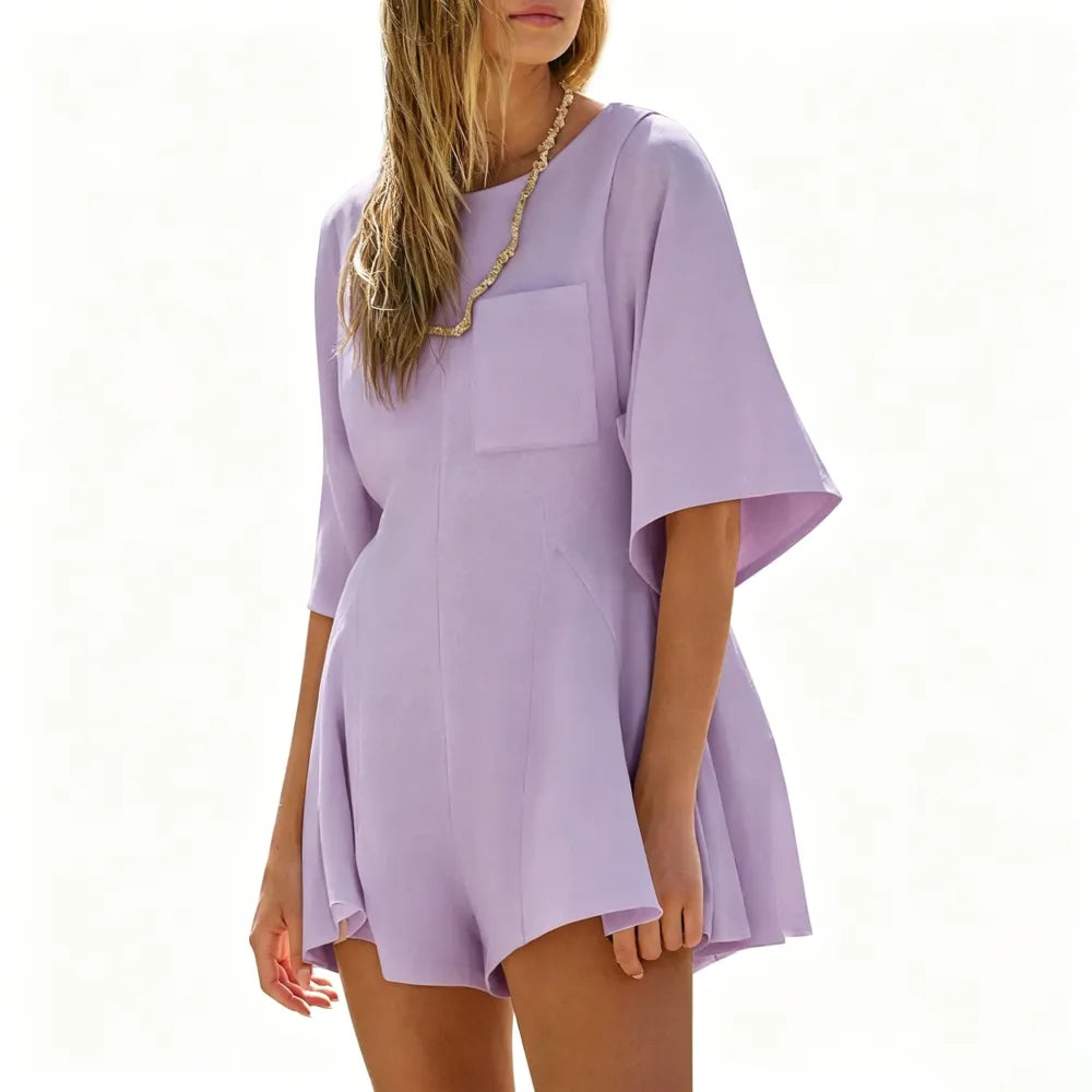 Short Sleeve Crew Neck Loose Jumpsuits with Pocket