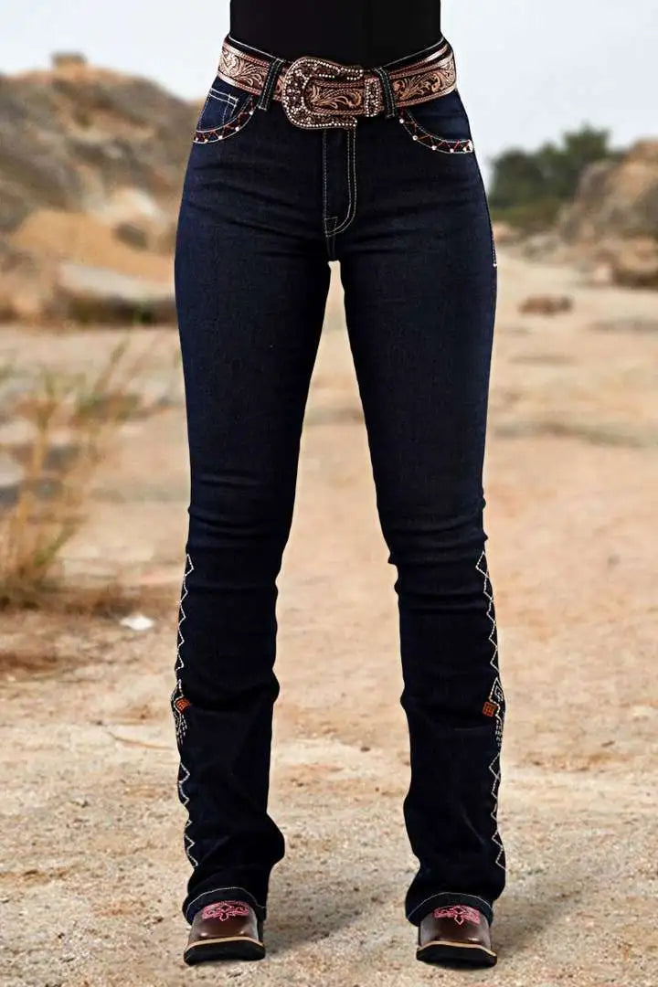 Wash Geo Embroidery Rhinestone Decor Mid Rise Bootcut Jeans Without Belt