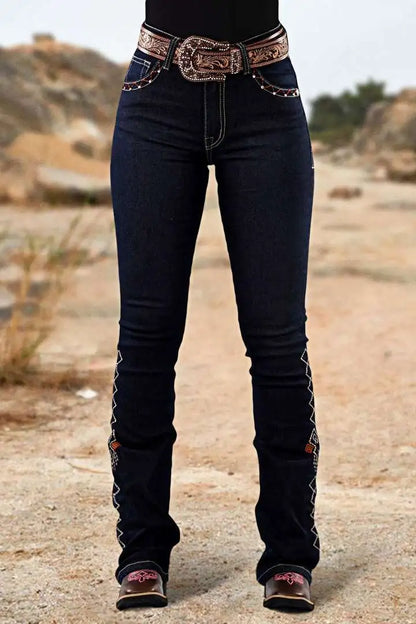 Wash Geo Embroidery Rhinestone Decor Mid Rise Bootcut Jeans Without Belt