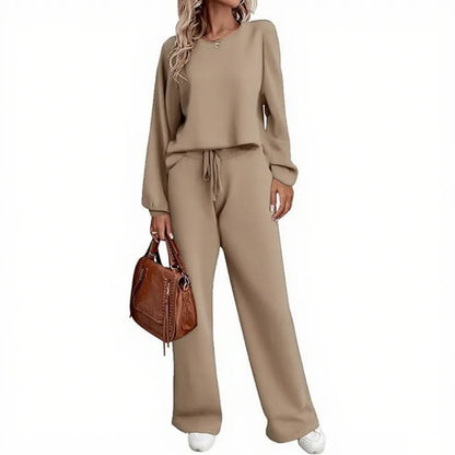 Women's two-piece set long sleeved pullover top with pockets wide leg pants casual set Pajama Loungewear Nightwear