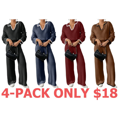 Women's Contrast Binding Drop Shoulder Sweater & Straight Leg Pants Set