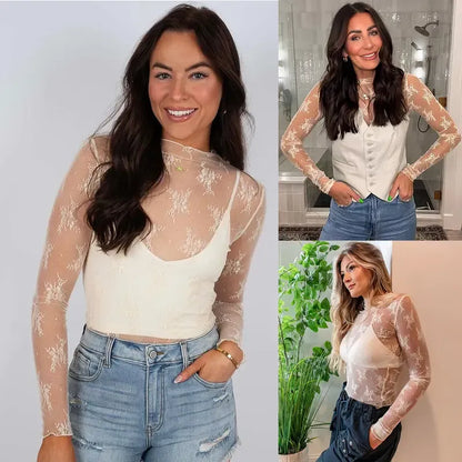 Women‘s Mesh Tops Lace Spring Long Sleeve Shirts
