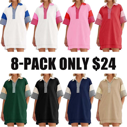 V Neck Summer Color Block Short Sleeve Mini Dress