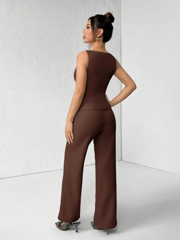 Women's Solid Button Front Tank Top & Wide Leg Pants Set