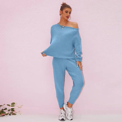 Women's 2025 Fall Winter Knit Set Oversized Sweater & Lounge Pants Matching Sets for Women Striped Knit Basic Black Fitted Long Sleeve Shirts & Blouses