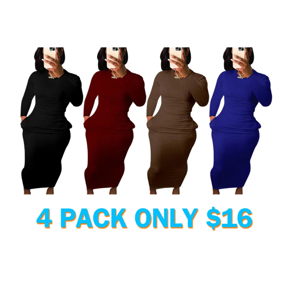 Women's Solid Pocket Long Sleeve Bodycon Dress