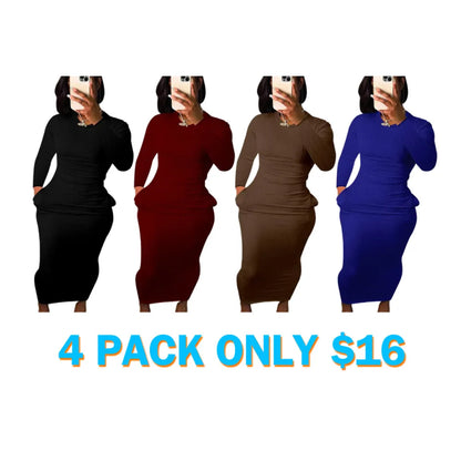 Women's Solid Pocket Long Sleeve Bodycon Dress