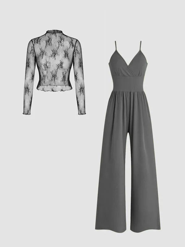 🎉Hot selling items-Women's solid color lace t-shirt and pocket jumpsuit two-piece set