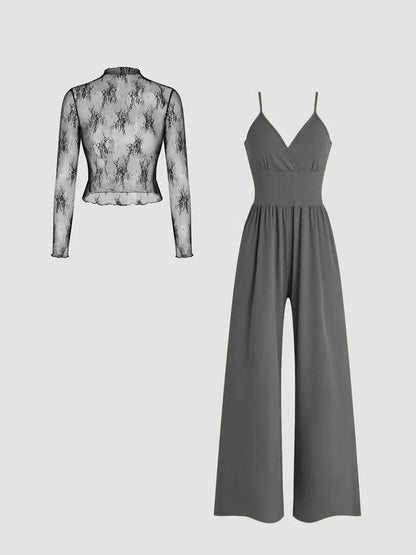 🎉Hot selling items-Women's solid color lace t-shirt and pocket jumpsuit two-piece set
