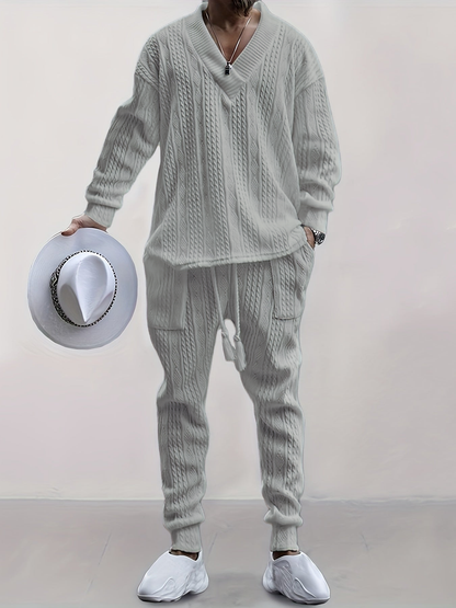Mens V Neck Sweatshirt Jacquard Tracksuit 2 Piece Men Baggy Sweatsuit Sets Men's Jogging Tracksuit Set Outfit for Men