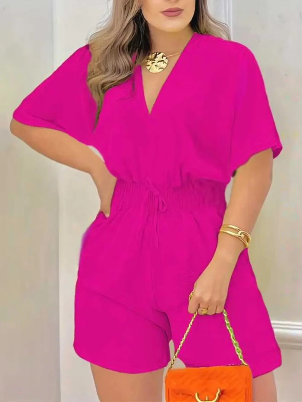 Women's Plain Drawstring Shirred Waist Fitted V Neck Romper