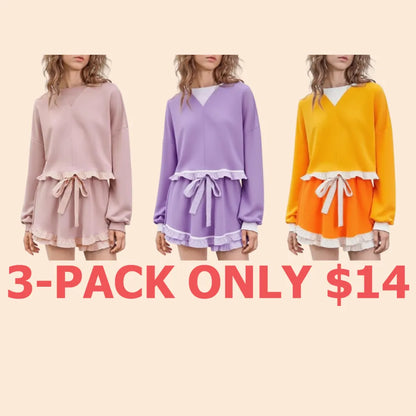 Women's 2 Piece Lounge Sets Ruffle Color Block Cropped Sweatshirts Casual Drawstring Shorts Fall Loose Sweatsuits