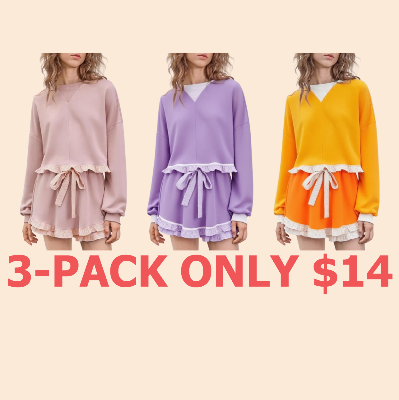 Women's 2 Piece Lounge Sets Ruffle Color Block Cropped Sweatshirts Casual Drawstring Shorts Fall Loose Sweatsuits