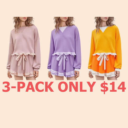 Women's 2 Piece Lounge Sets Ruffle Color Block Cropped Sweatshirts Casual Drawstring Shorts Fall Loose Sweatsuits