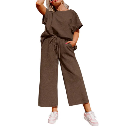 Women's Plus Size Short Sleeve Top & High Waist Wide Leg Pants 2-Piece Lounge Set