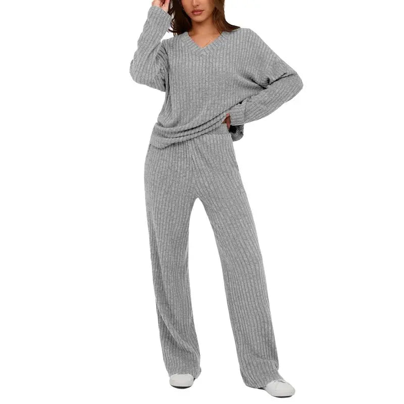 Women's 2 Piece Lounge Sets Ribbed Knit Long Sleeve V Neck Pullover Tops Wide Leg Pants Fall Winter Outfits
