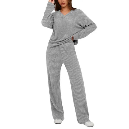 Women's 2 Piece Lounge Sets Ribbed Knit Long Sleeve V Neck Pullover Tops Wide Leg Pants Fall Winter Outfits