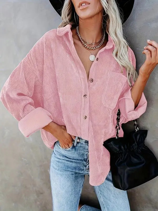 Plain Pocket Button Front Corduroy Shirt