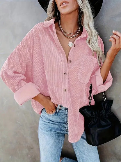 Plain Pocket Button Front Corduroy Shirt