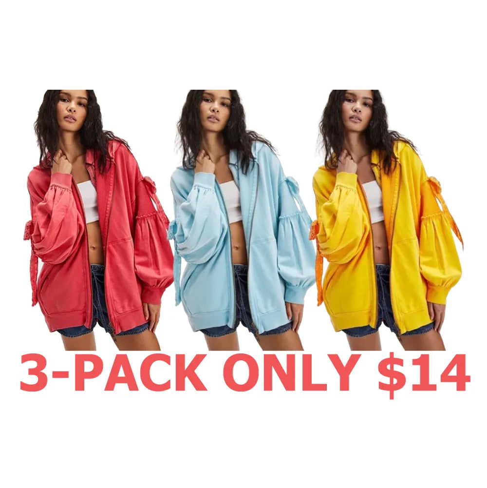 Women's Fall/Winter Zip Up Hoodies with Pockets Stylish Solid Bow Tie Long Sleeve Sweatshirt Jackets