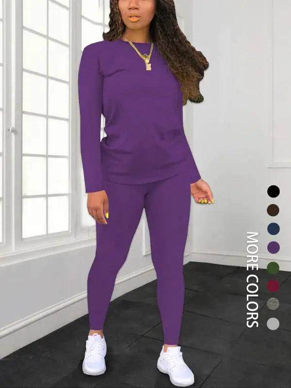 Women's Minimalist Chic Solid Long Sleeve & Elastic Waist Pants Set