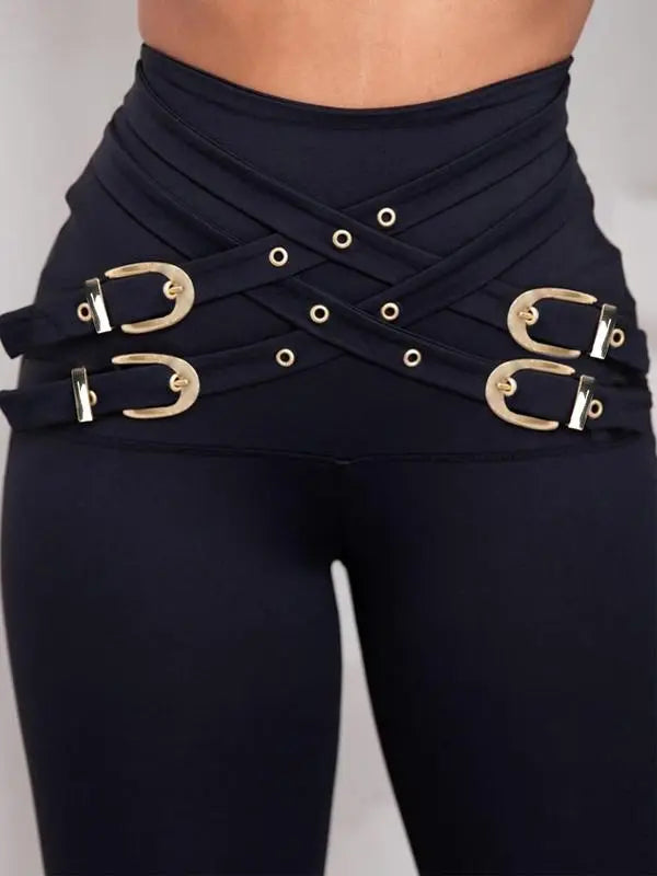 Women's Criss Cross Metal Buckle Decor High Waist Rise Leggings