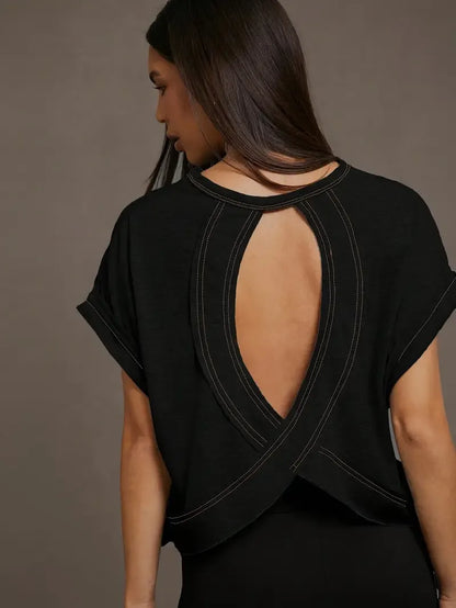Women's Plain Cut Out Asymmetrical Hem Batwing Sleeve Tee, Elegant Casual Short Sleeve Round Neck T-Shirt for Summer, Ladies Clothes for Daily Wear