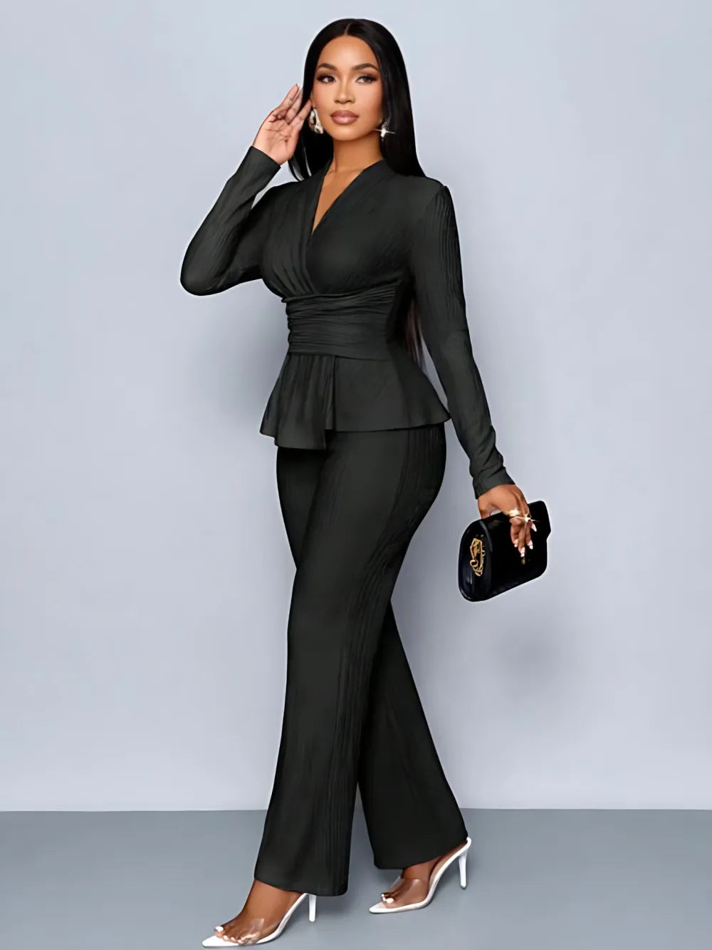 Women's Solid-Color Elegant V-Neck Long-Sleeve and Wide-Leg Pants Set