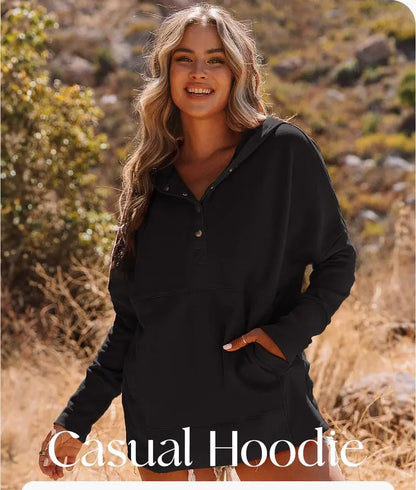 Women's Casual Oversized Sweatshirts Hoodies Button V Neck Long Sleeve Cotton Henley Pullover Hooded Tops 2025 Womenswear Winter Outfits Clothes