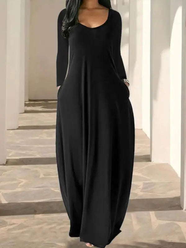 Women's Long Nightgown,Casual Round Neck Long Sleeve Pocket Sleepwear,Soft Comfortable All-Season Loungewear