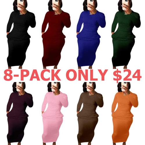 Women's Solid Pocket Long Sleeve Bodycon Dress