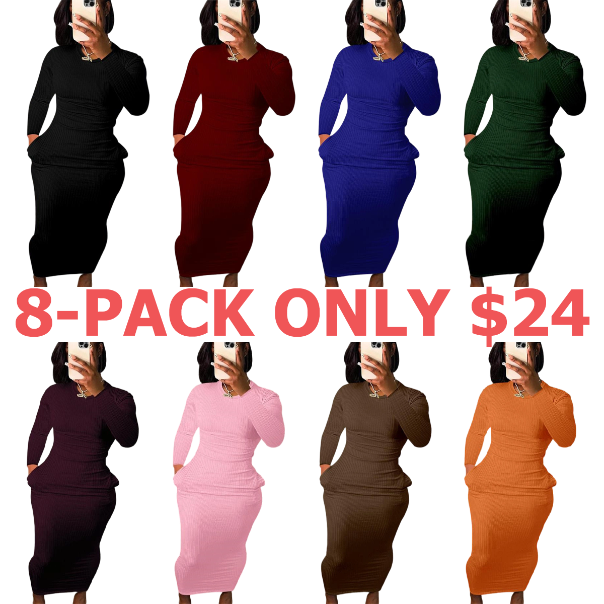 Women's Solid Pocket Long Sleeve Bodycon Dress