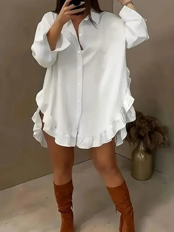 Women's Plain Ruffle Trim Button Front Blouse