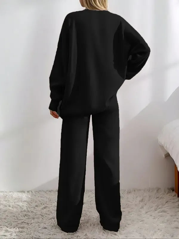 Women's Solid V Neck Cardigan & Elastic Waist Wide Leg Pants Two-piece Set