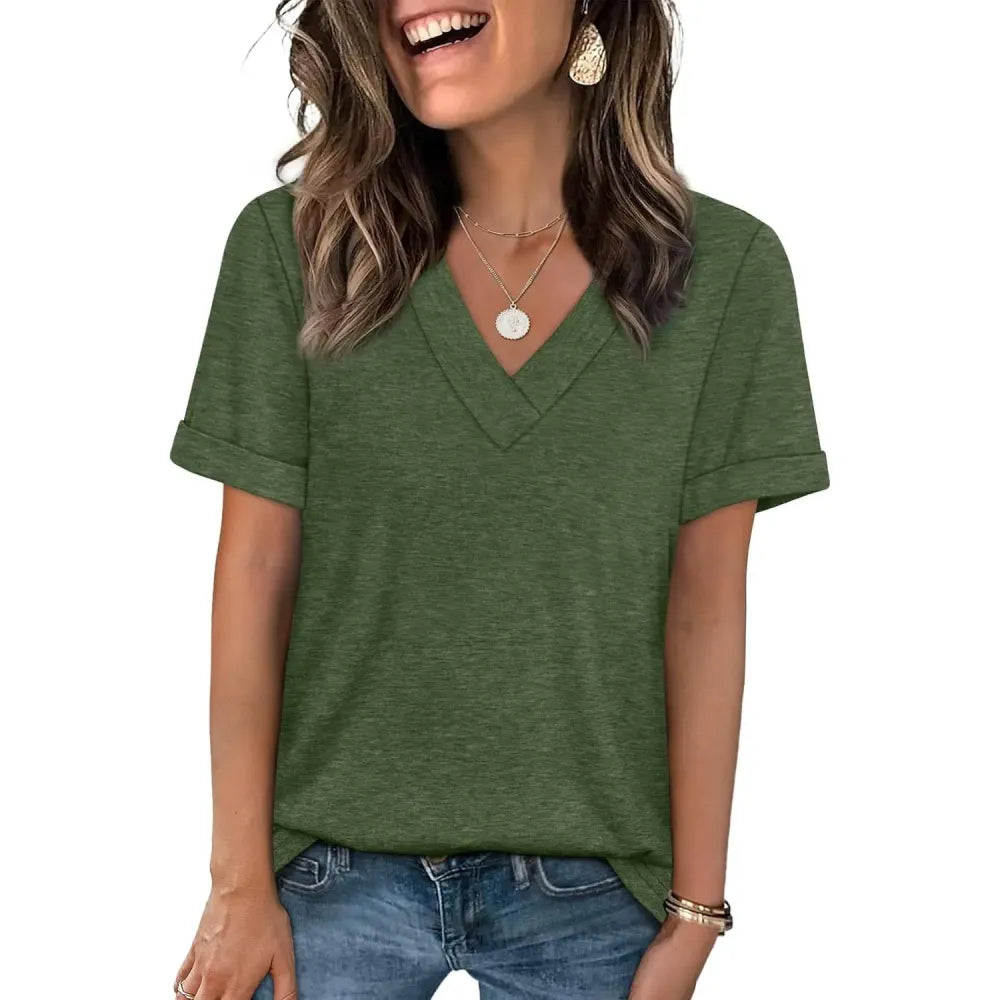 Women's Summer Tops Short Sleeve Basic Casual V Neck T Shirts