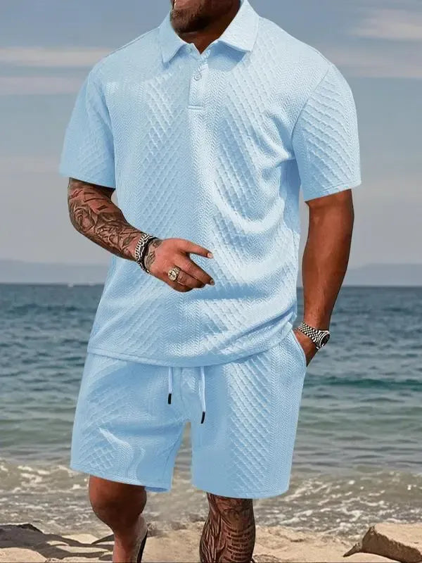 Men's Solid Polo & Drawstring Shorts Set Cozy, Breathable for Daily/Beach, Summer Casual