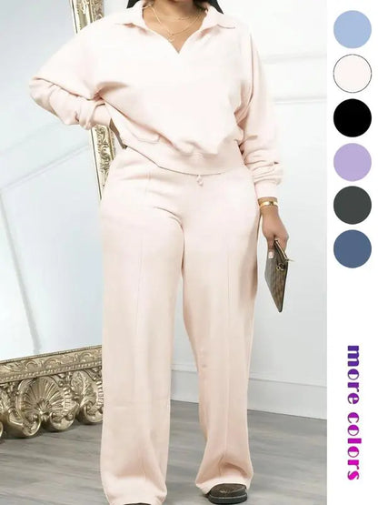 Women's Solid Long Sleeve Sweatshirt & Drawstring Waist Pants Set, Casual Fashion