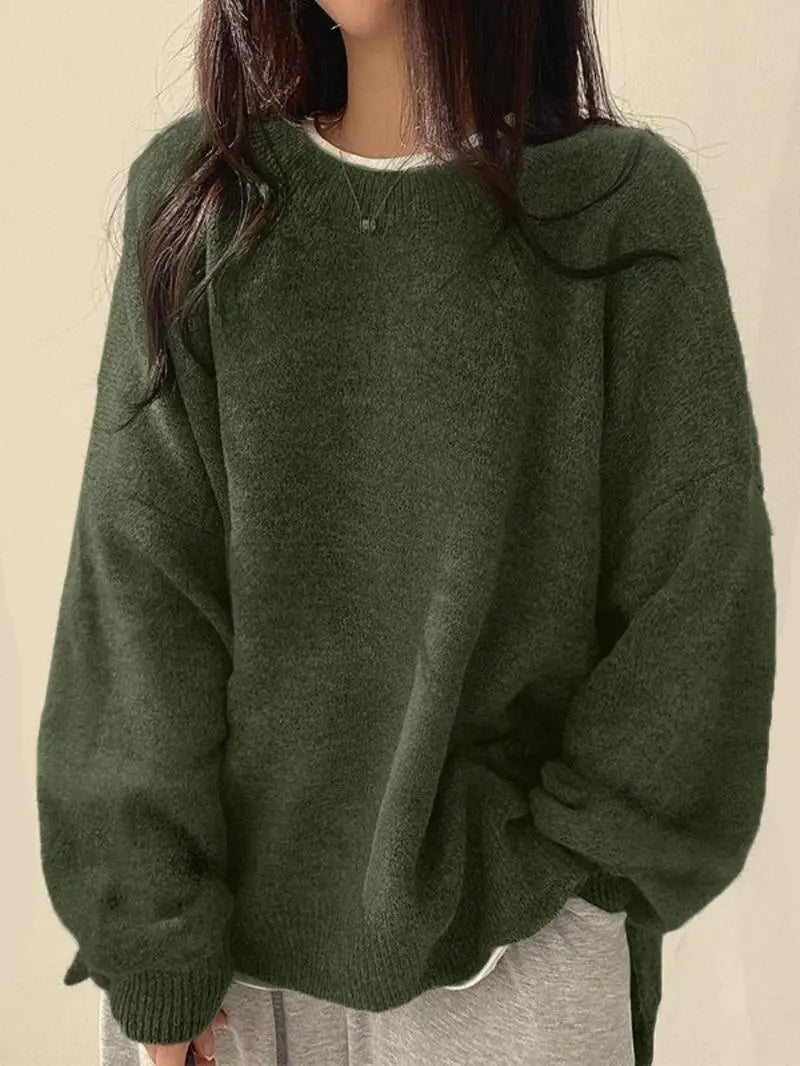 Women's Drop Shoulder Split Hem Sweater, Chic Casual Long Sleeve Round Neck Jumper