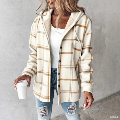 Women's Plaid Pattern Long Sleeve Shacket Button Down Fleece Lined Hooded Jackets Warm Coat Casual Womenswear Comfort Outdoor Soft