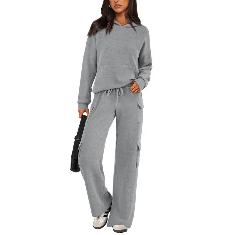 Womens Fall Outfit 2-Piece Knitted Sets Hoodie Tracksuits Wide Leg Pants With Pocket And DrawString Long Sleeve Hooded Kangoroo Pocket Tops Knitwear Sporty Loungwear, Womenswear Travel Outfit