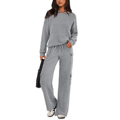 Womens Fall Outfit 2-Piece Knitted Sets Hoodie Tracksuits Wide Leg Pants With Pocket And DrawString Long Sleeve Hooded Kangoroo Pocket Tops Knitwear Sporty Loungwear, Womenswear Travel Outfit