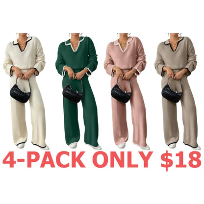 Women's Contrast Binding Drop Shoulder Sweater & Straight Leg Pants Set