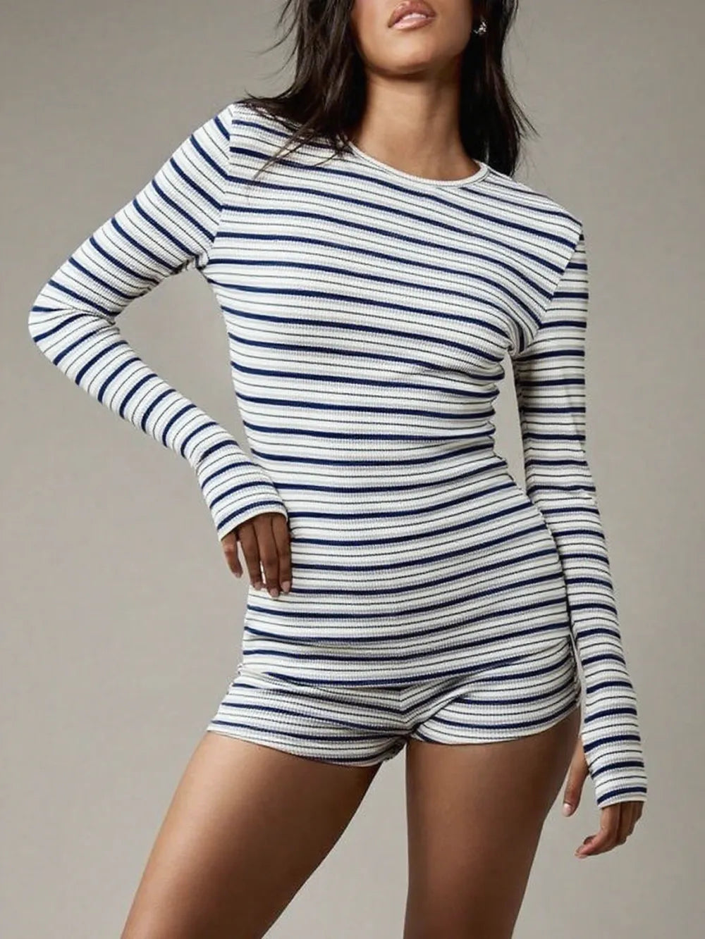 Women's Striped Knit Casual Long Sleeve Top & High Waist Elastic Sporty Shorts Set