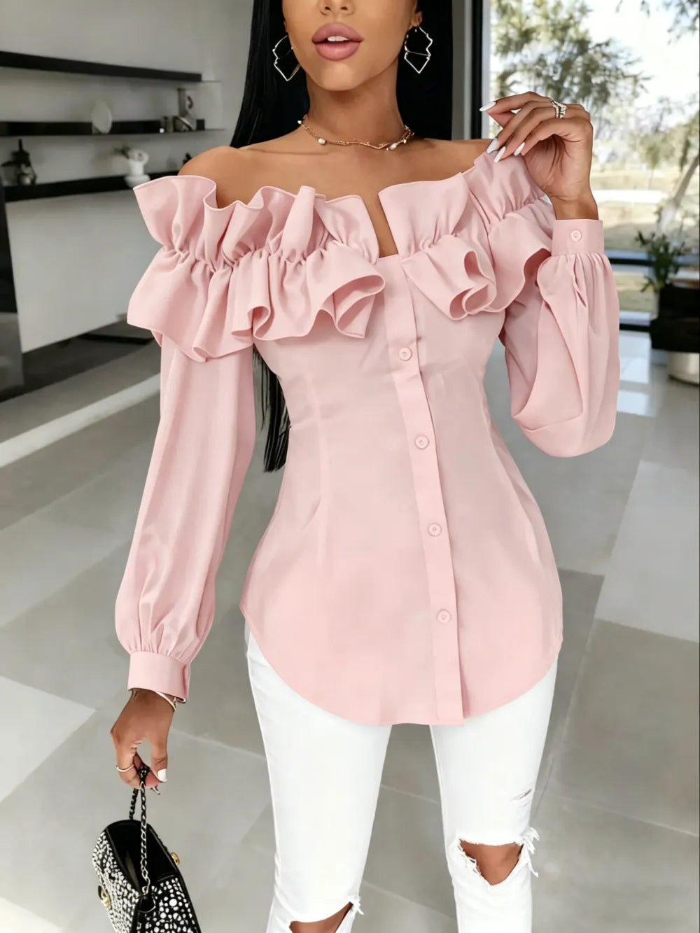 Women's Long Sleeve One Shoulder Ruffle Slim Fit Shirt Blouse