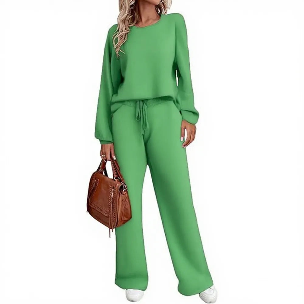 Women's two-piece set long sleeved pullover top with pockets wide leg pants casual set Pajama Loungewear Nightwear