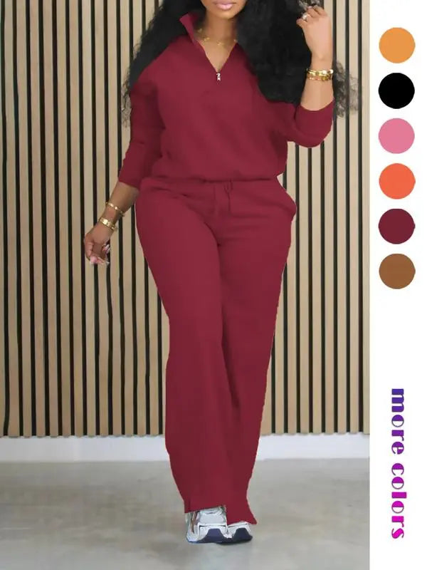 Women's Solid Casual Long Sleeve Top & Pocket Wide Leg