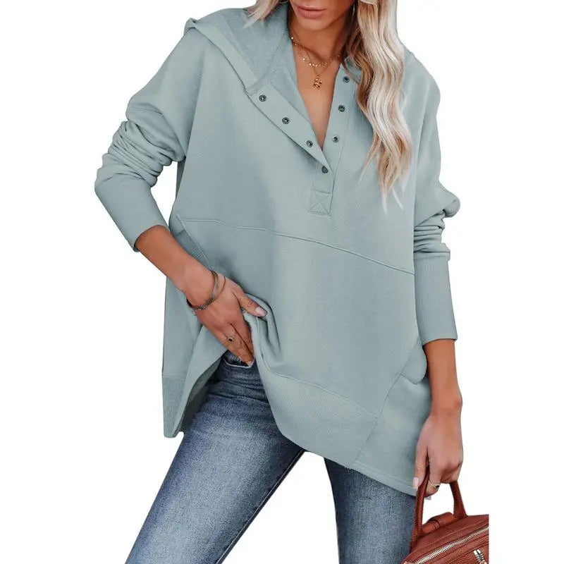 Women's Casual Oversized Sweatshirts Hoodies Button V Neck Long Sleeve Cotton Henley Pullover Hooded Tops 2025 Womenswear Winter Outfits Clothes
