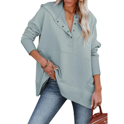 Women's Casual Oversized Sweatshirts Hoodies Button V Neck Long Sleeve Cotton Henley Pullover Hooded Tops 2025 Womenswear Winter Outfits Clothes